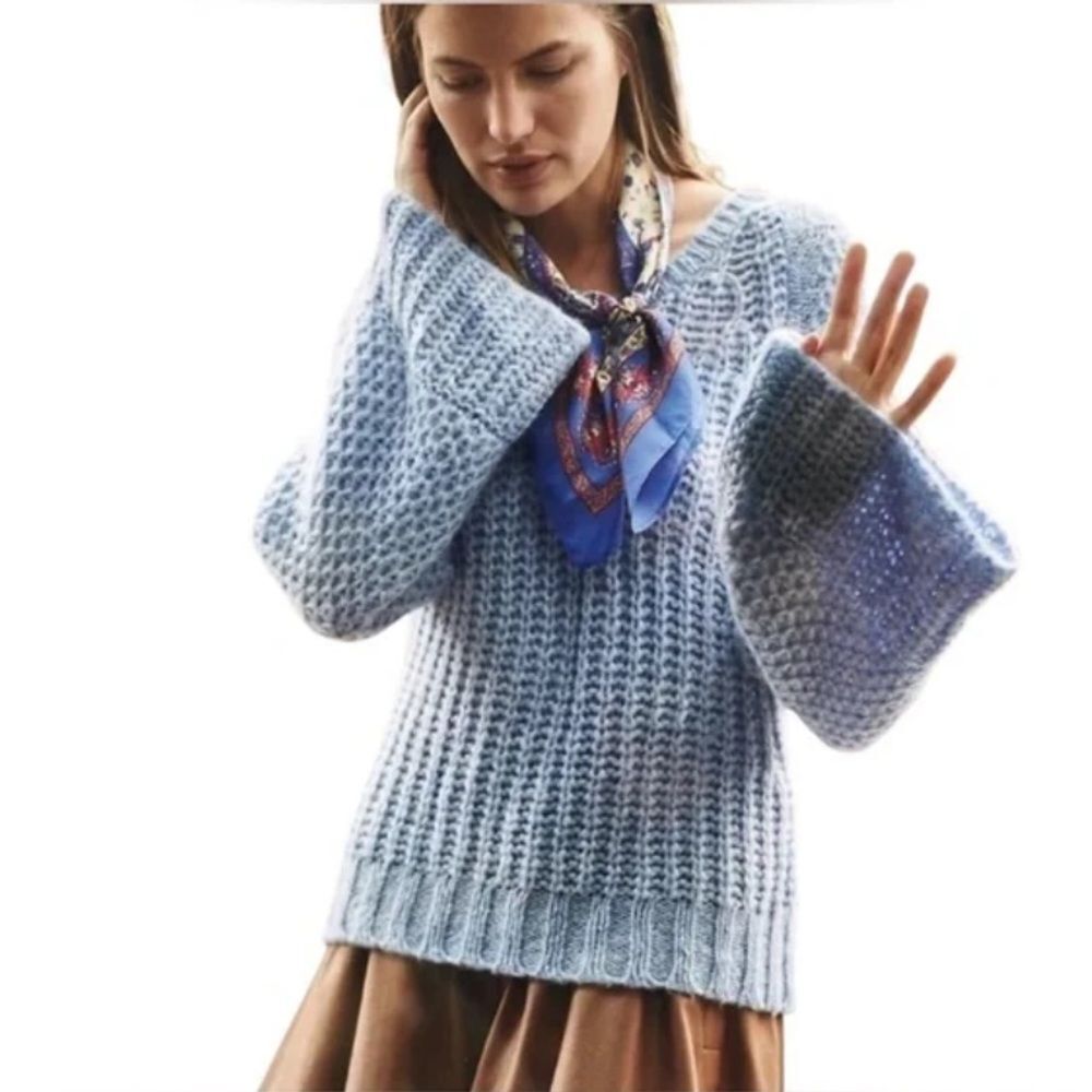 Moth Mohair Wool Blend Pull Over Cable Knit Bell Sleeve V-Neck Sweater  Size: XS
